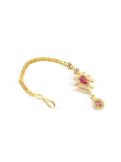 Gold Plated Red Drop AD Maang Tikka for Women