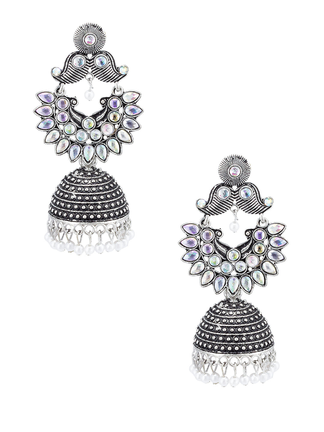 Silver Oxidised Floral & Artificial Beads Jhumka Earrings