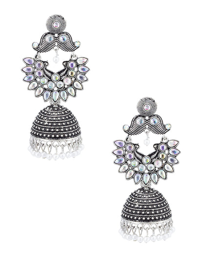 Silver Oxidised Floral & Artificial Beads Jhumka Earrings