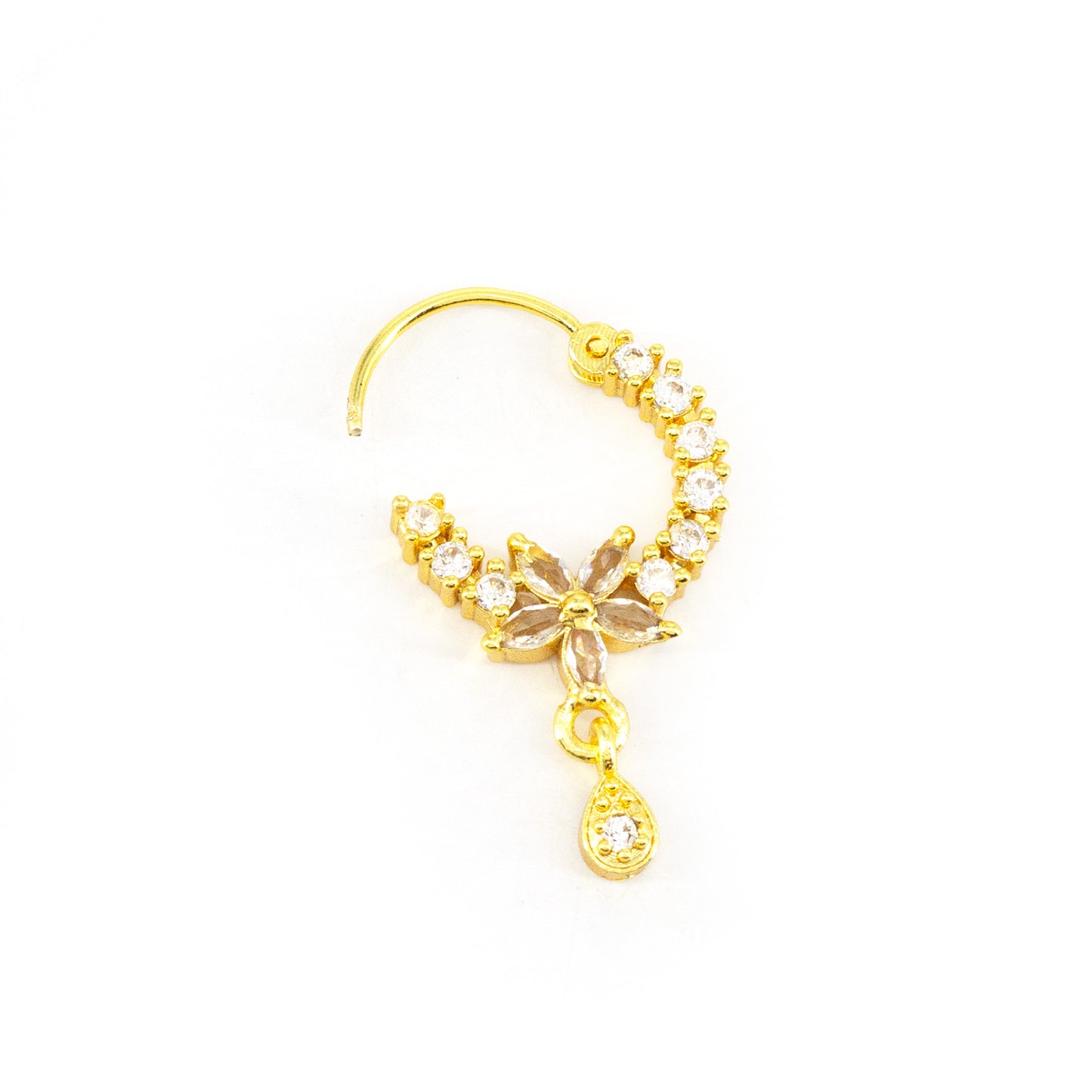 Gold Plated AD Floral Drop Nose Ring for Women