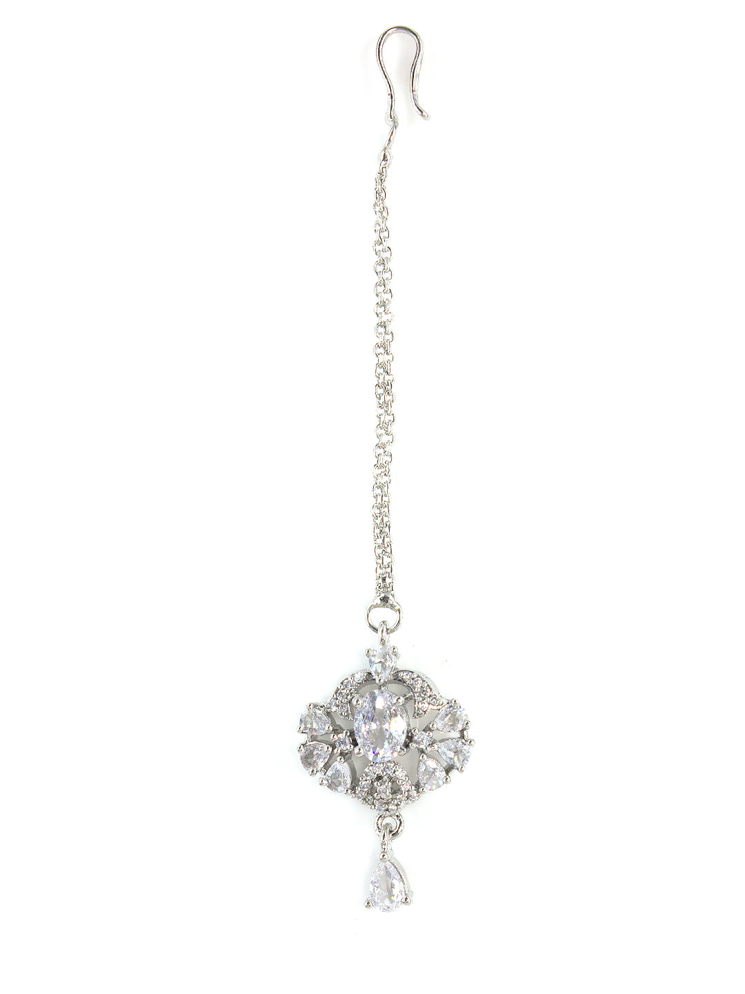 Silver Plated AD Studded Floral Drop Maang Tikka