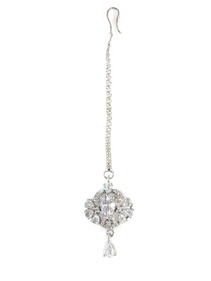 Silver Plated AD Studded Floral Drop Maang Tikka