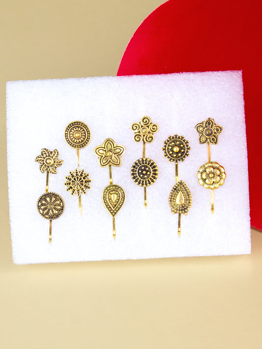 Set of 12 Gold-Plated Floral Non-Piercing Nosepins