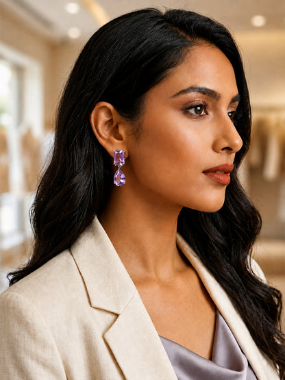 Rhodium Plated Purple American Diamond Teardrop Earrings