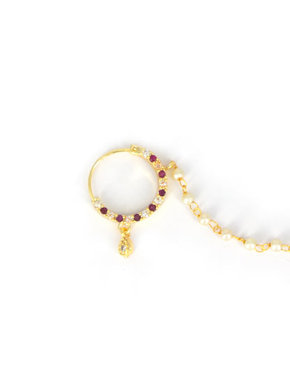 Gold Plated Red & White AD Nose Ring with Pearl Chain