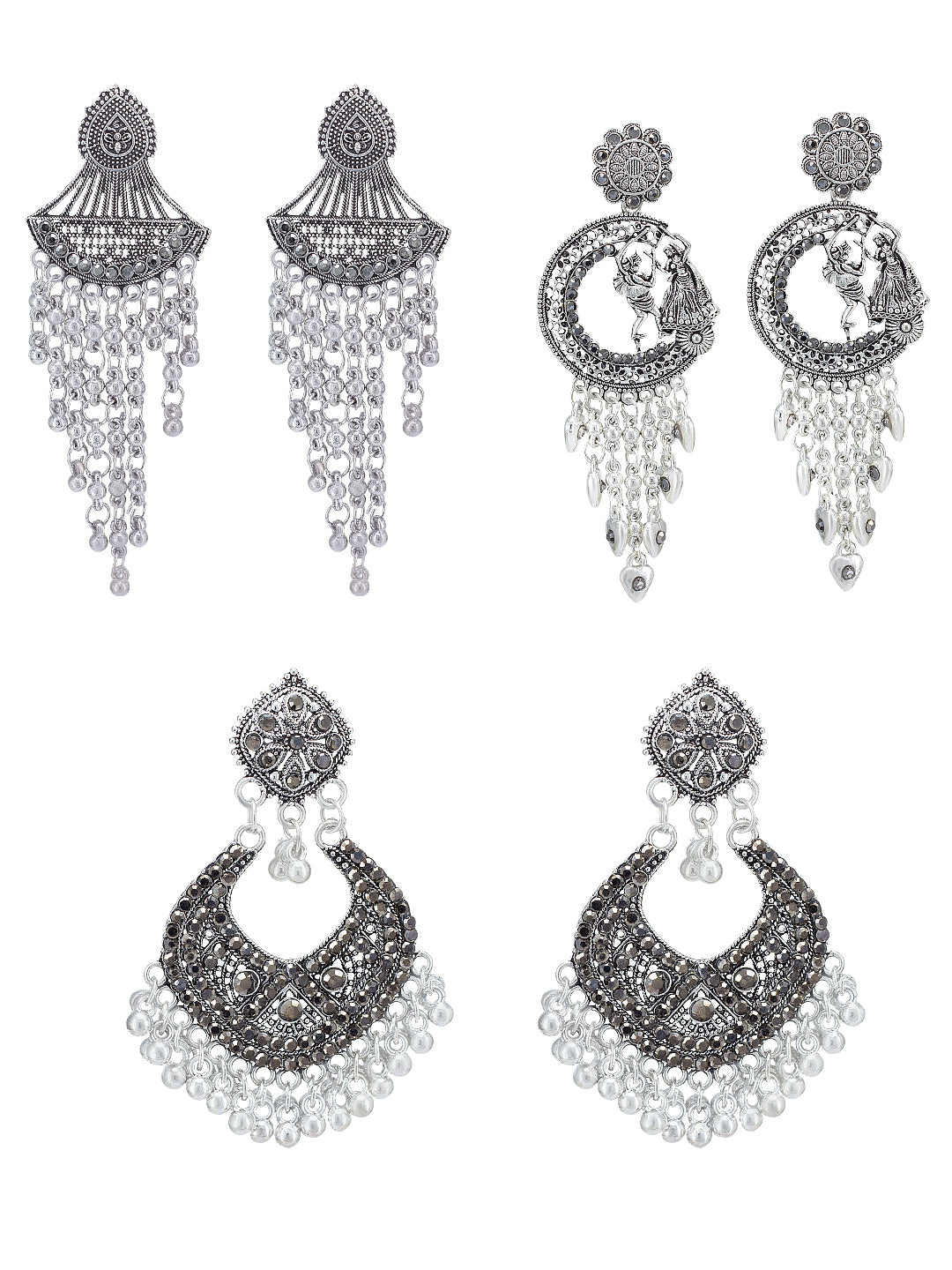 Pack Of 3 Silver-Oxidised Contemporary Artificial Stones Studded Jhumkas