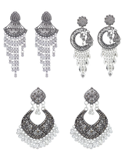 Pack Of 3 Silver-Oxidised Contemporary Artificial Stones Studded Jhumkas