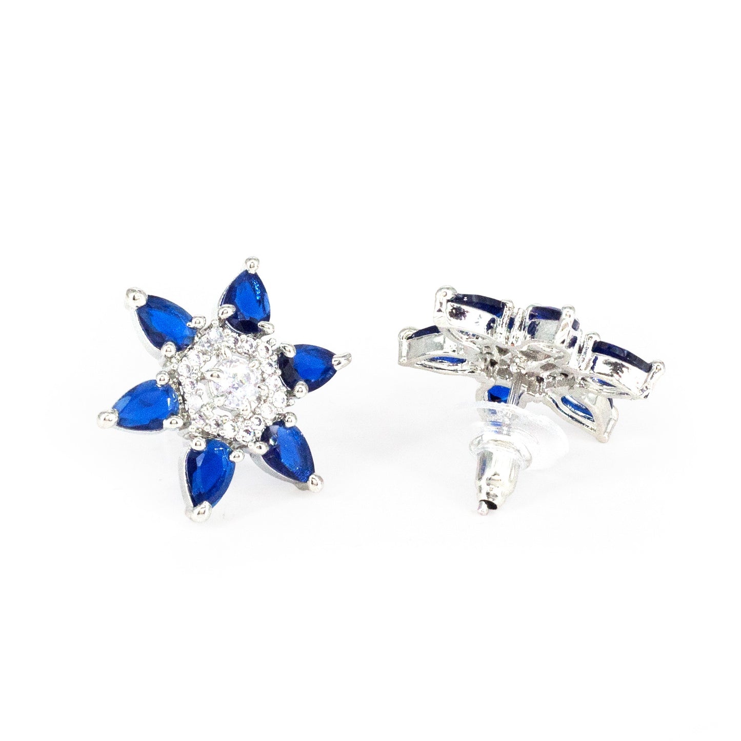 Silver Plated Blue AD Floral Stud Earrings for Women
