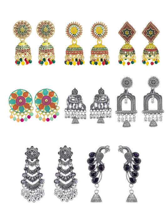 Pack of Eight Multicolour Jhumki & Drop Earrings