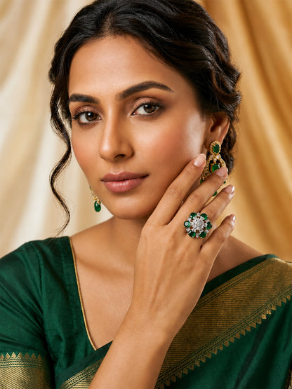 Silver Plated Green AD Floral Finger Ring for Women