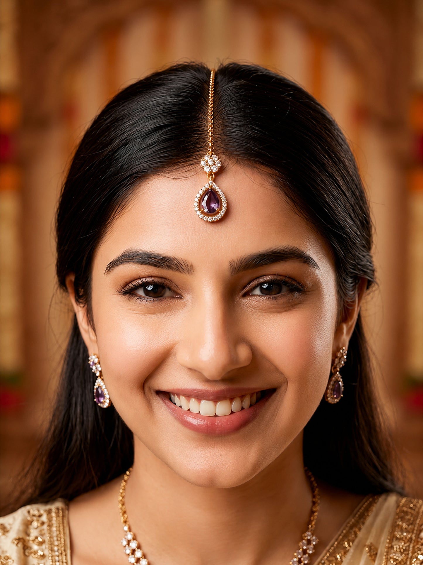 Antique Gold Plated Purple AD Maang Tikka for Women
