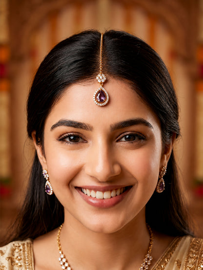 Antique Gold Plated Purple AD Maang Tikka for Women