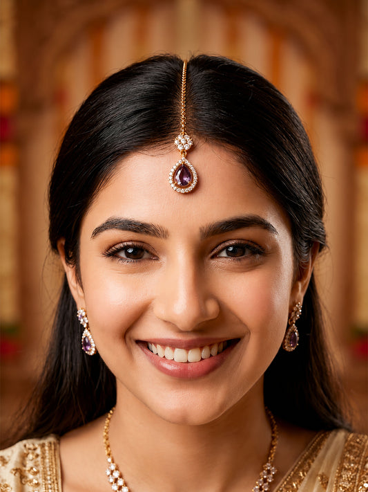 Antique Gold Plated Purple AD Maang Tikka for Women