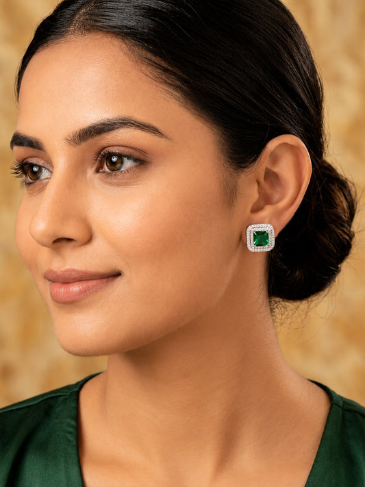 Silver Plated Green AD Stud Earrings for Women