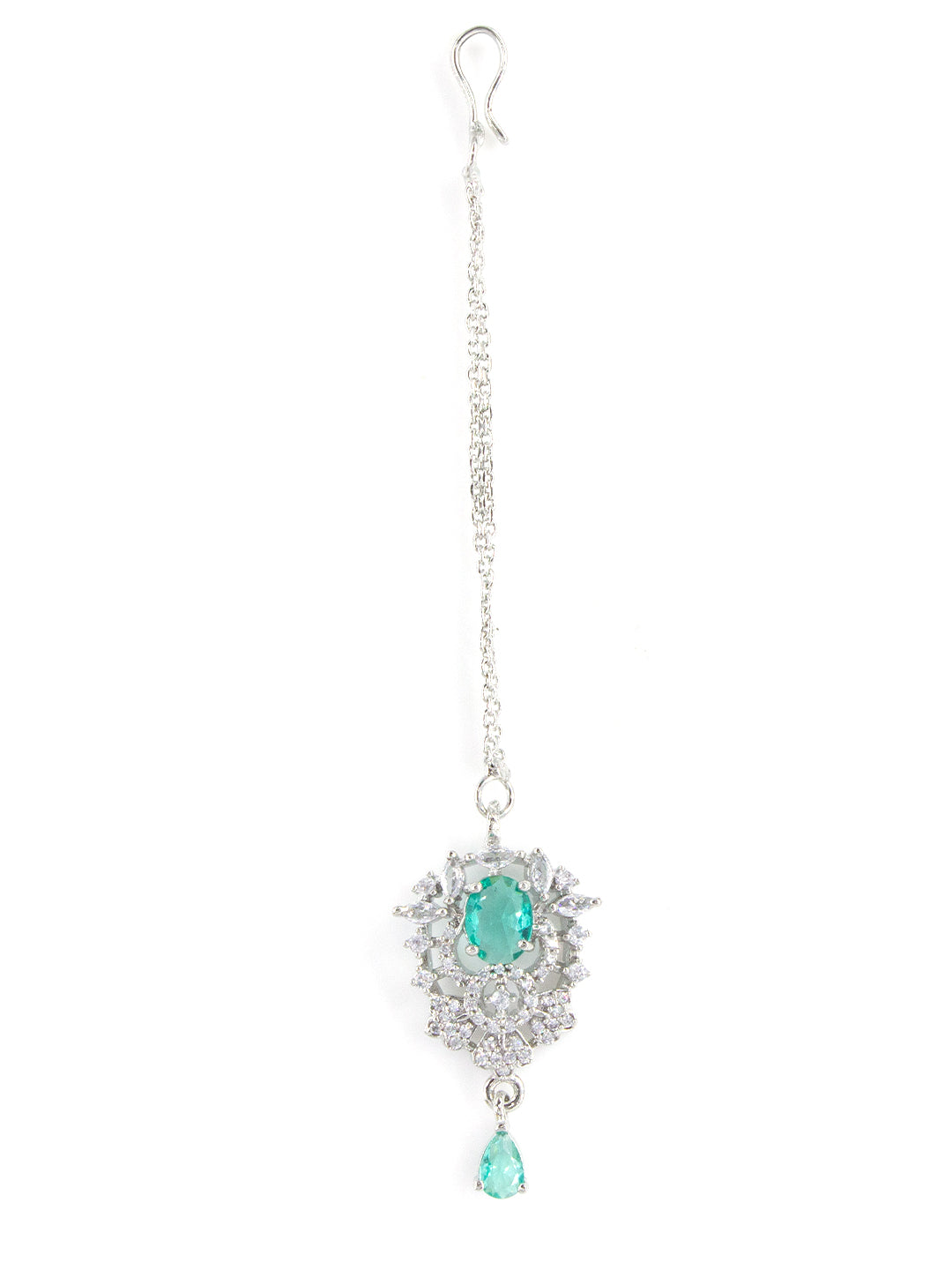 Silver Plated AD Mint Green Floral Drop Maang Tikka