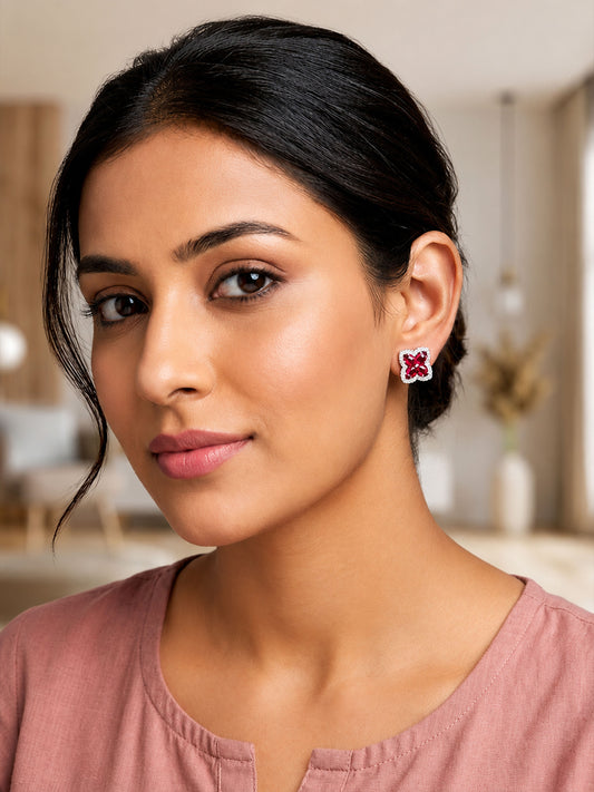 Rhodium Plated Red AD Stud Earrings for Women
