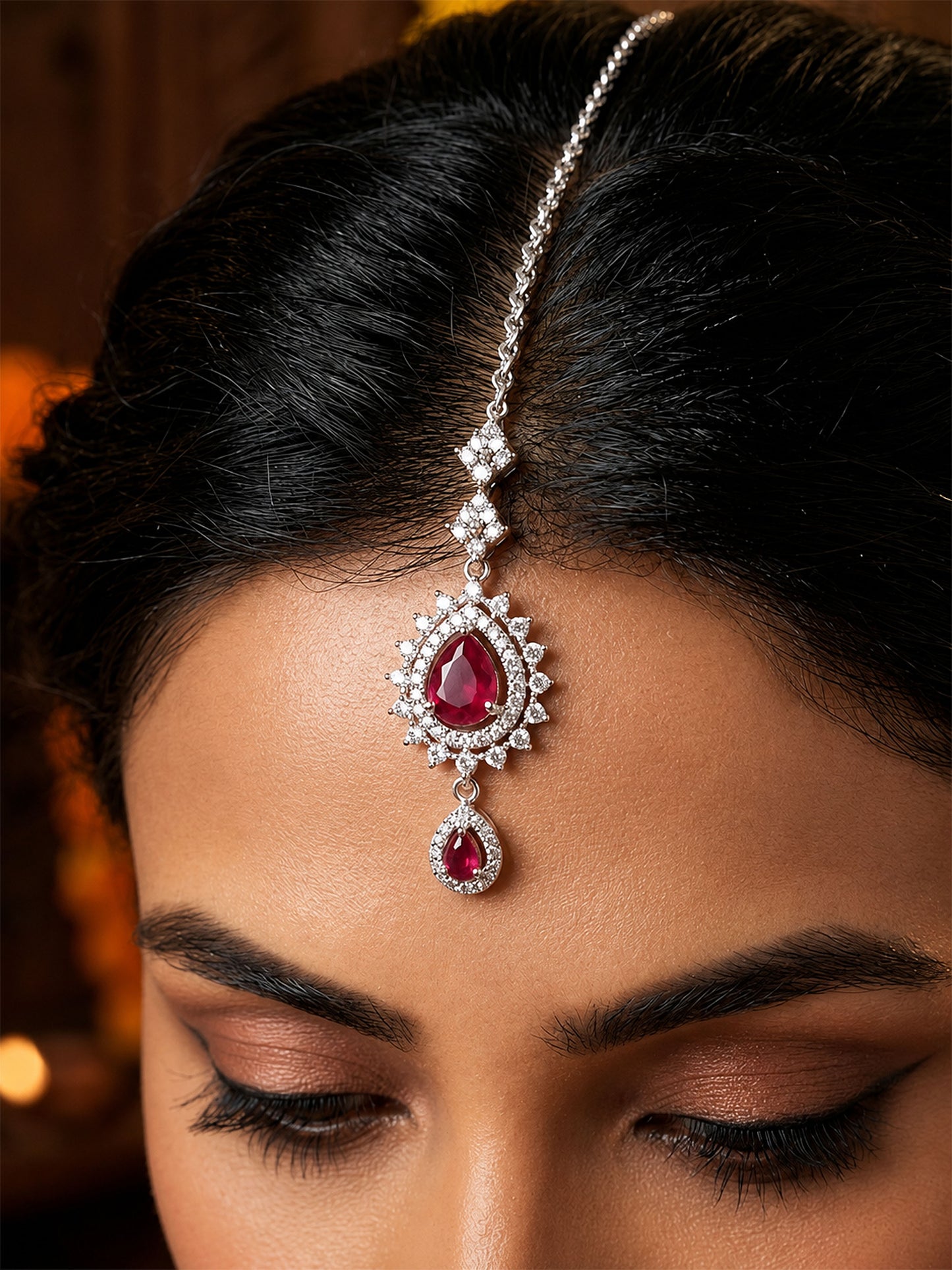 Silver Plated Red AD Maang Tikka for Women
