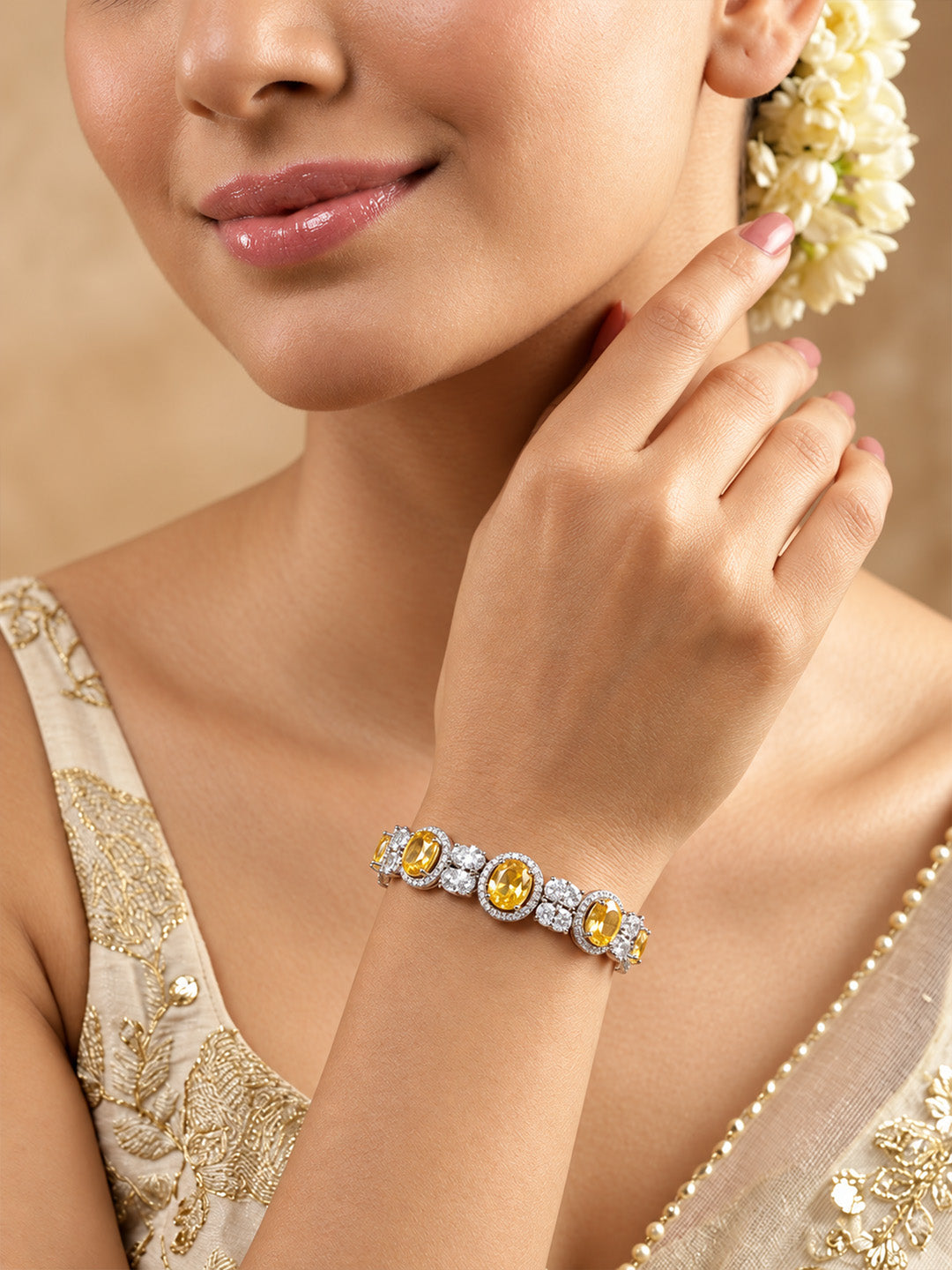 Silver Plated Yellow AD Adjustable Bracelet for Women