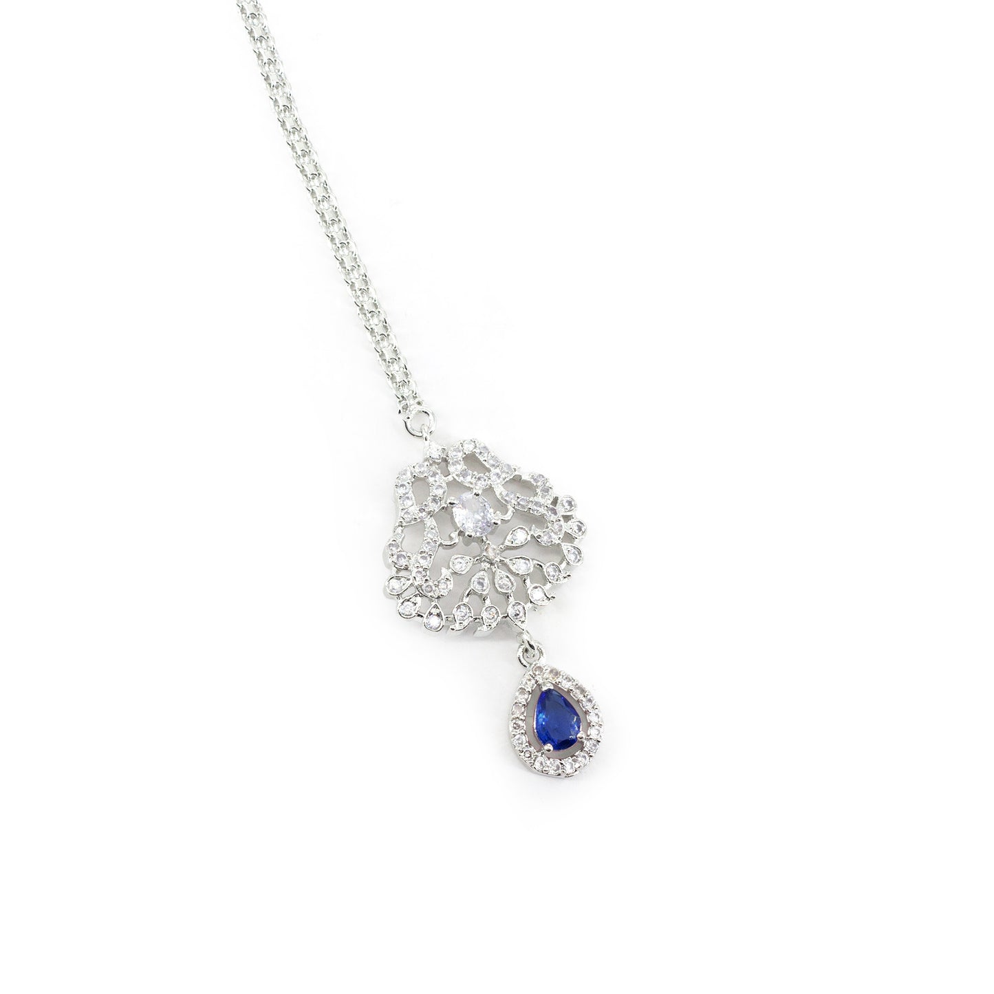 Rhodium Plated Blue AD Maang Tikka for Women