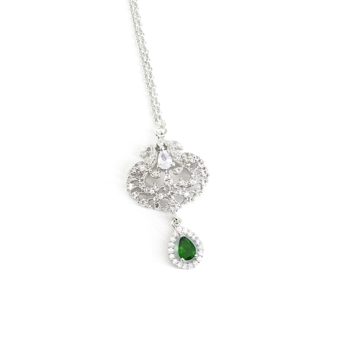 Silver Plated Green AD Peacock Maang Tikka for Women