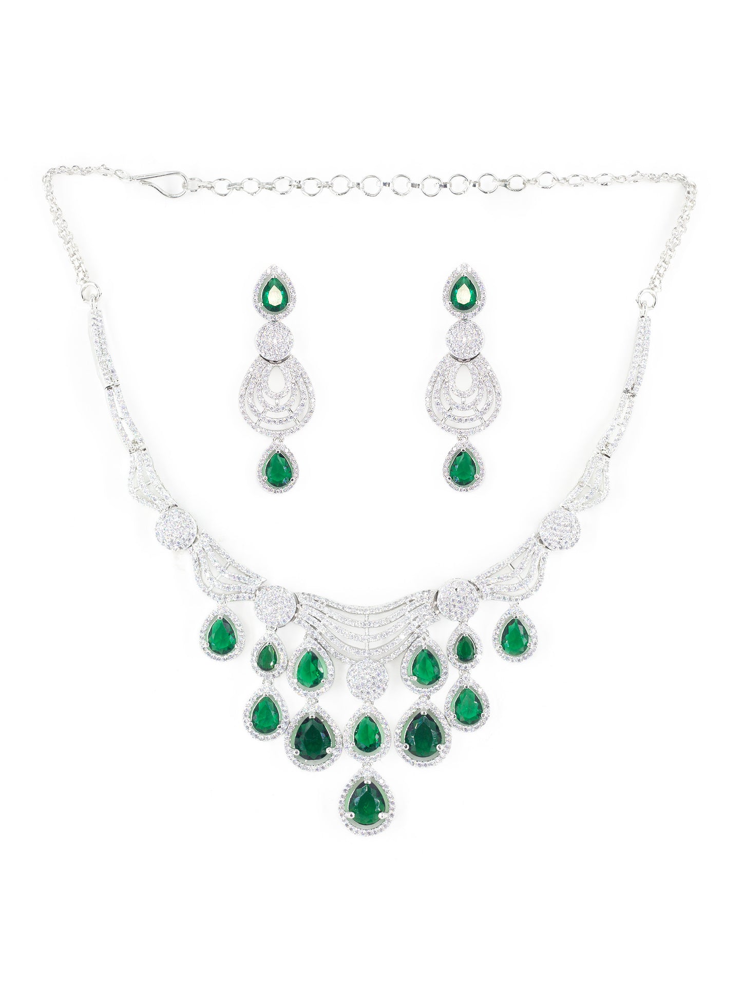 Silver Plated Green & White AD Designer Jewellery Set