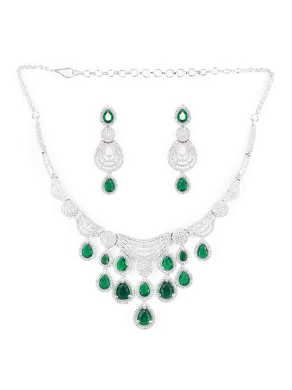 Silver Plated Green & White AD Designer Jewellery Set