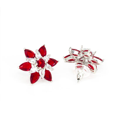 Rhodium Plated Red AD Floral Stud Earrings for Women