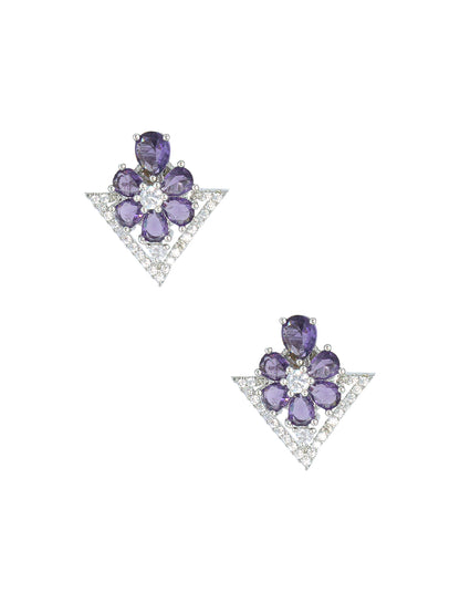 Silver Plated Purple Floral Stud Earrings For Women
