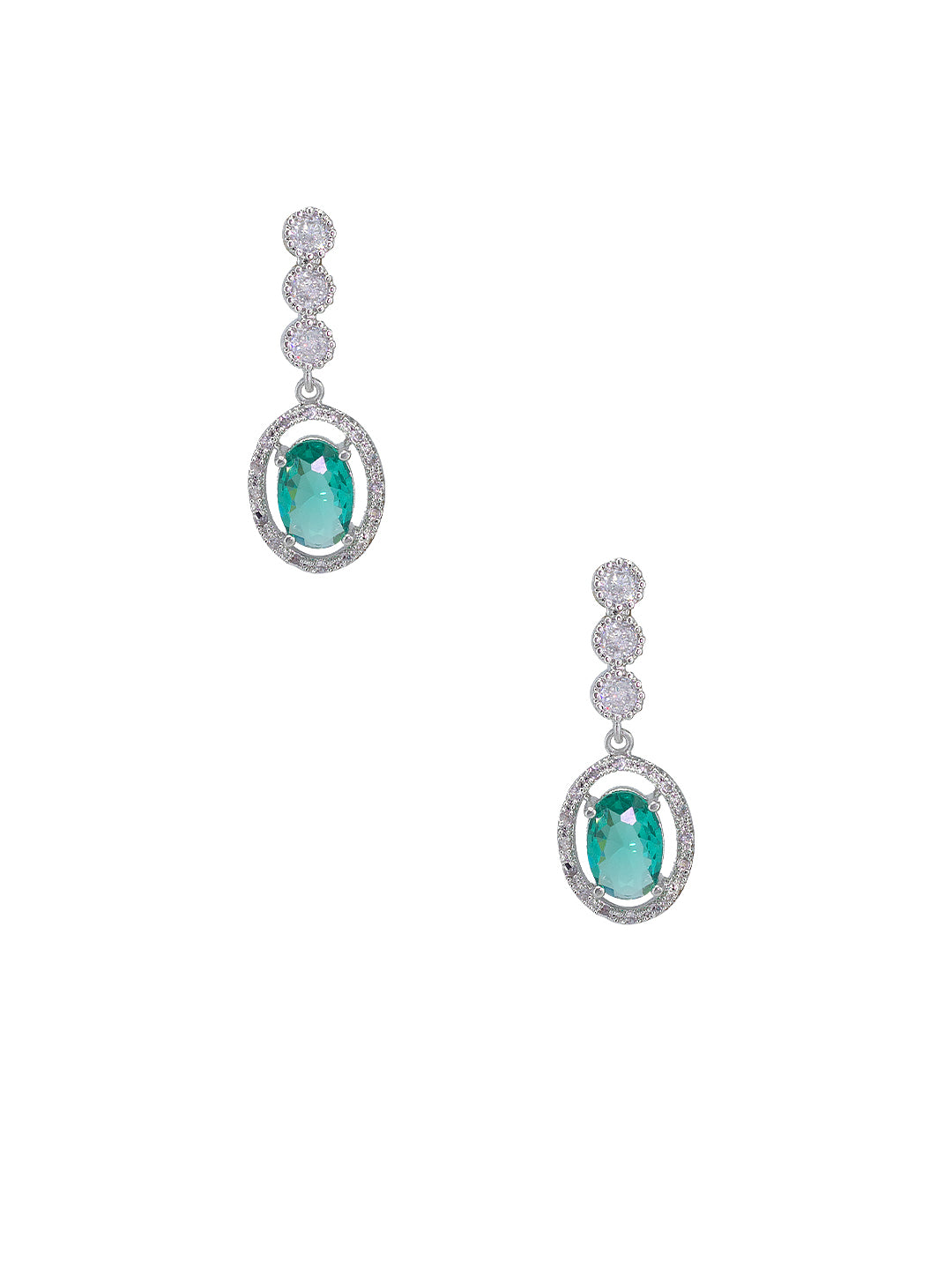 Rhodium Plated Green Oval Shaped American Diamond Jewellery Set