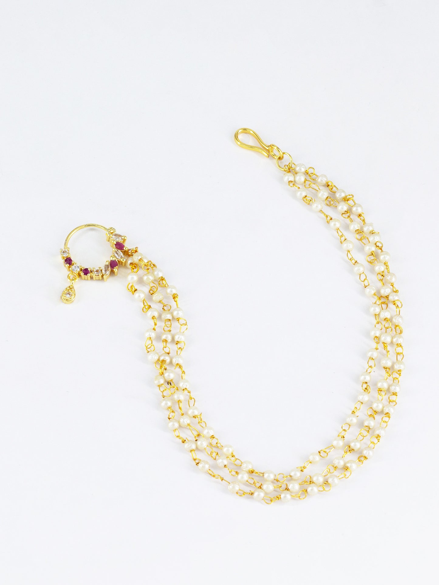 Gold Plated Red AD Nose Ring with 3 line Pearl Chain