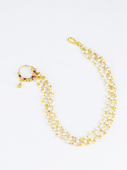 Gold Plated Red AD Nose Ring with 3 line Pearl Chain
