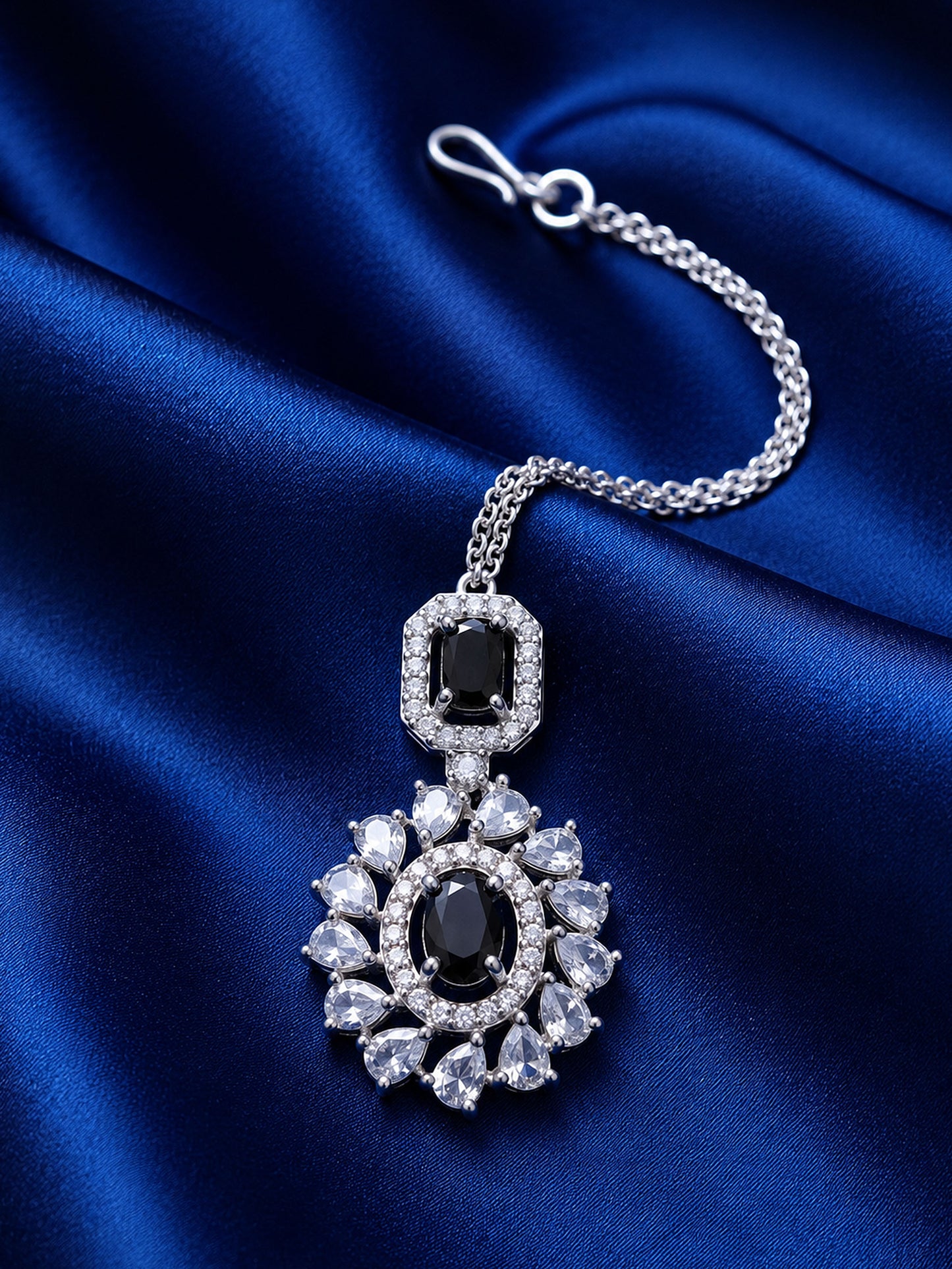 Silver Plated Black AD Maang Tikka for Women