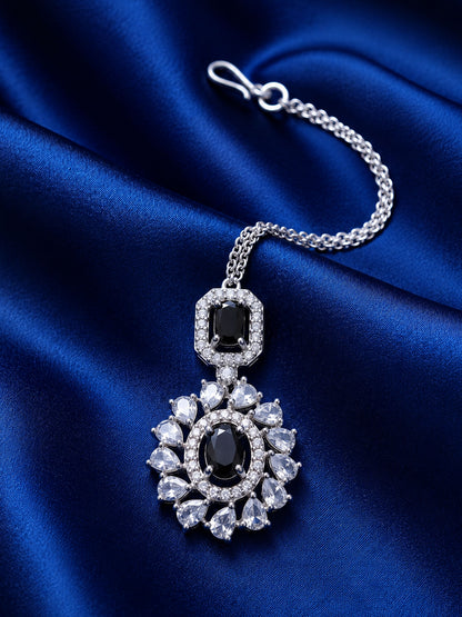 Silver Plated Black AD Maang Tikka for Women