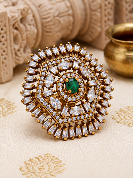 Antique Gold Plated Green AD Finger Ring for Women