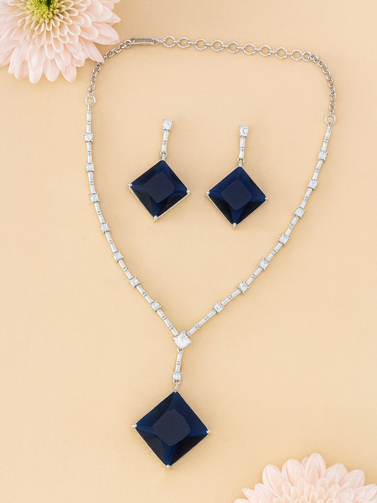 American Diamond Studded Royal Blue Square Drop Design Jewellery Set For Women And Girls