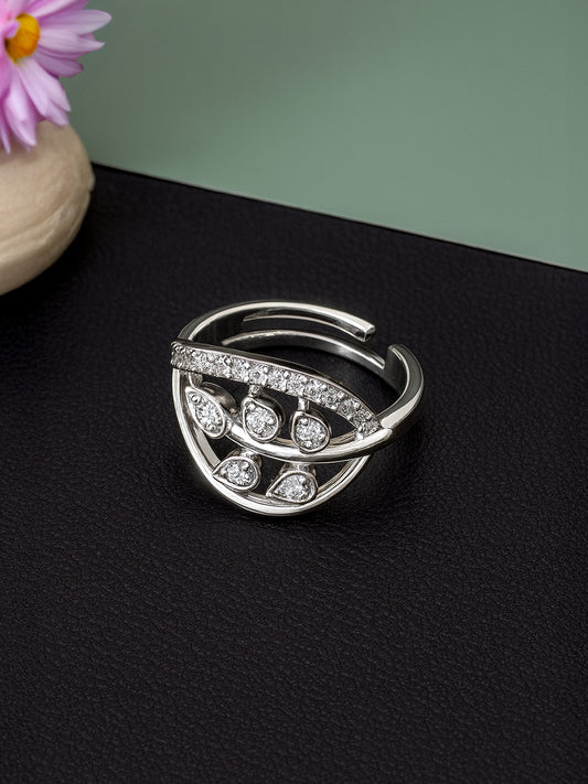 Rhodium Plated American Diamond Leaf Traditional Adjustable Ring for Women