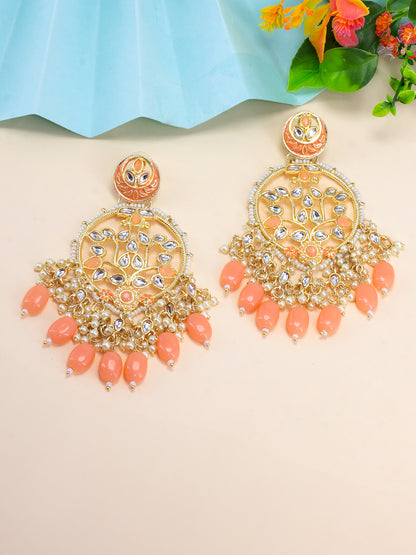 Gold Plated Artificial Stones & Beads Studded Drop Earrings