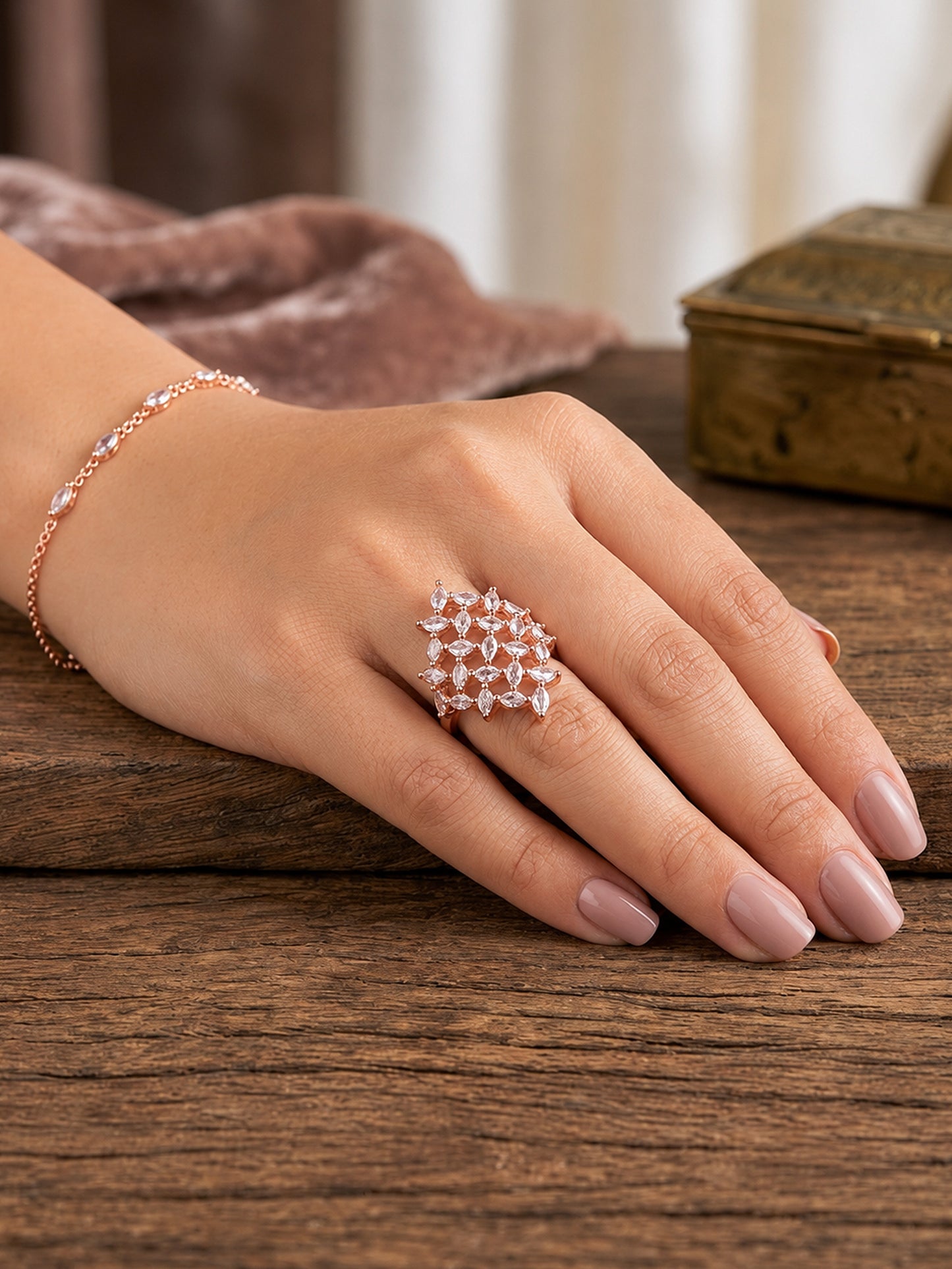 Rose Gold Plated AD Adjustable Finger Ring for Women