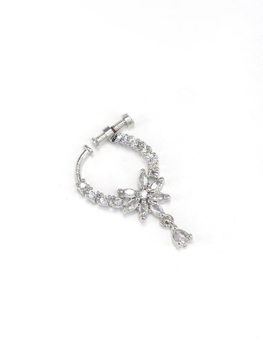 Rhodium Plated American Dimaond Floral Drop Nose Ring