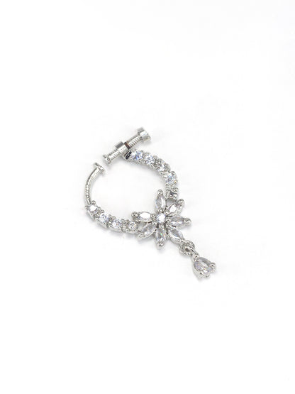 Rhodium Plated American Dimaond Floral Drop Nose Ring
