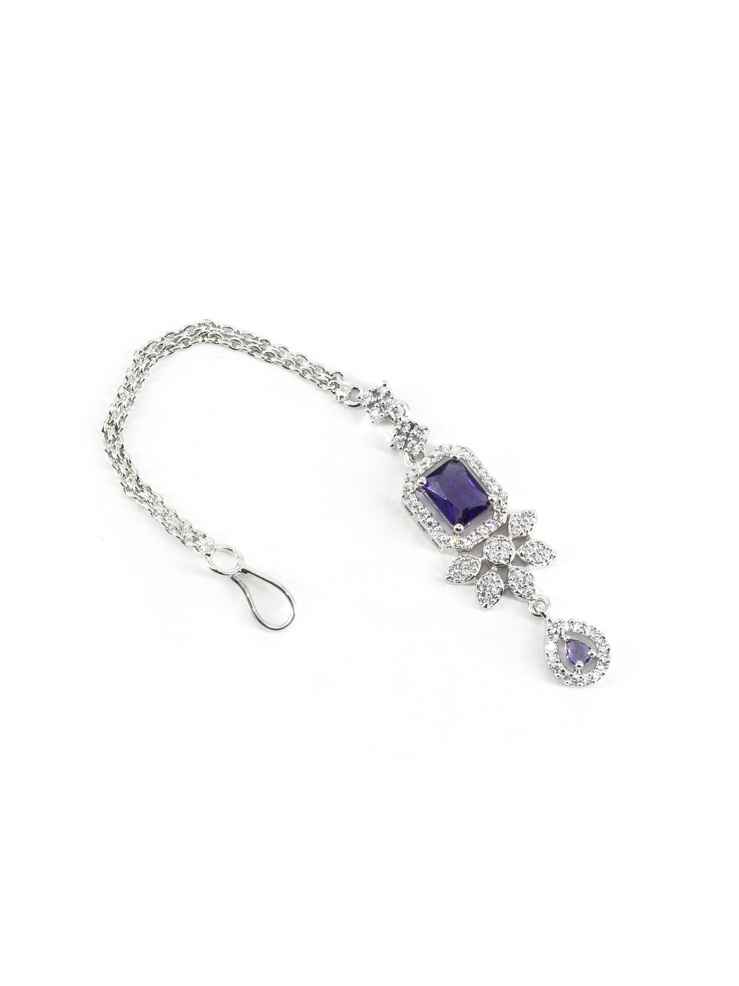 Silver Plated Purple AD Floral Maang Tikka for Women