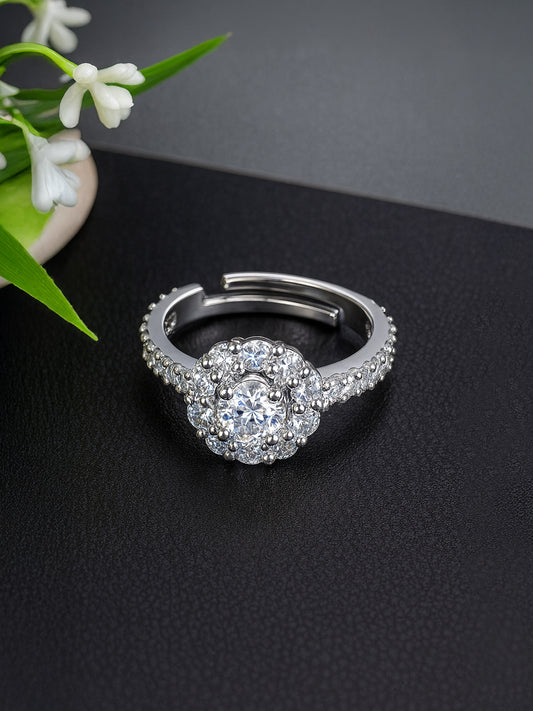Silver Plated American Diamond Circular Adjustable Ring for Women