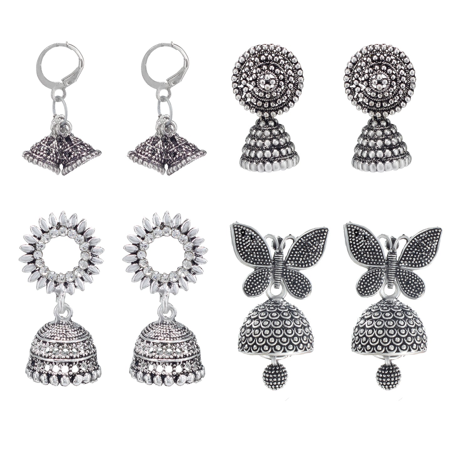 Set of 4 Silver-Oxidised Small Jhumki Earrings