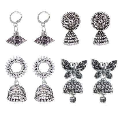 Set of 4 Silver-Oxidised Small Jhumki Earrings
