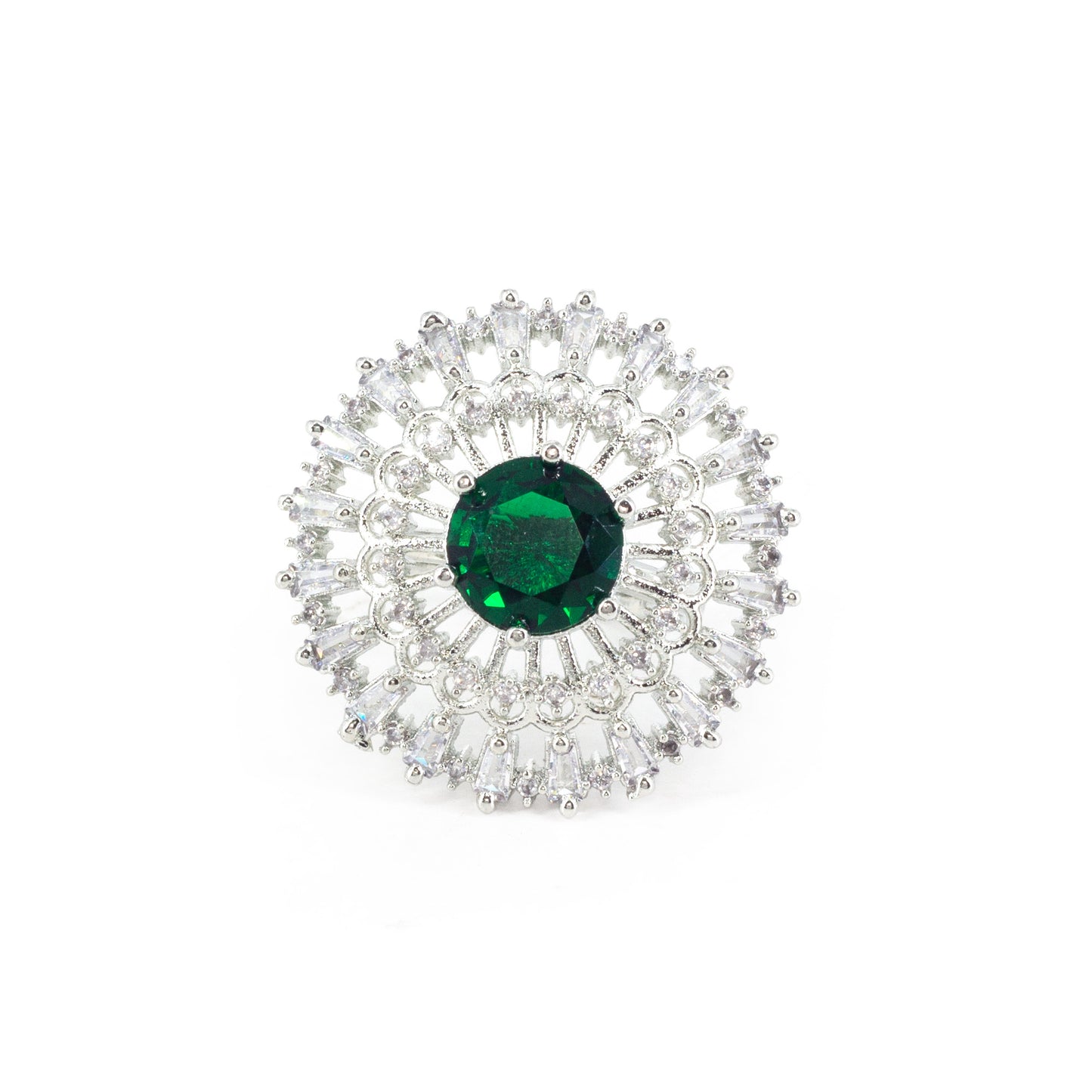 Rhodium Plated Green AD Designer Adjustable Ring for Women