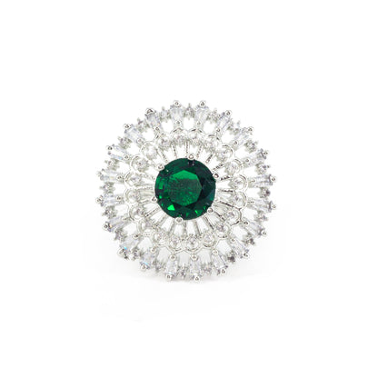 Rhodium Plated Green AD Designer Adjustable Ring for Women