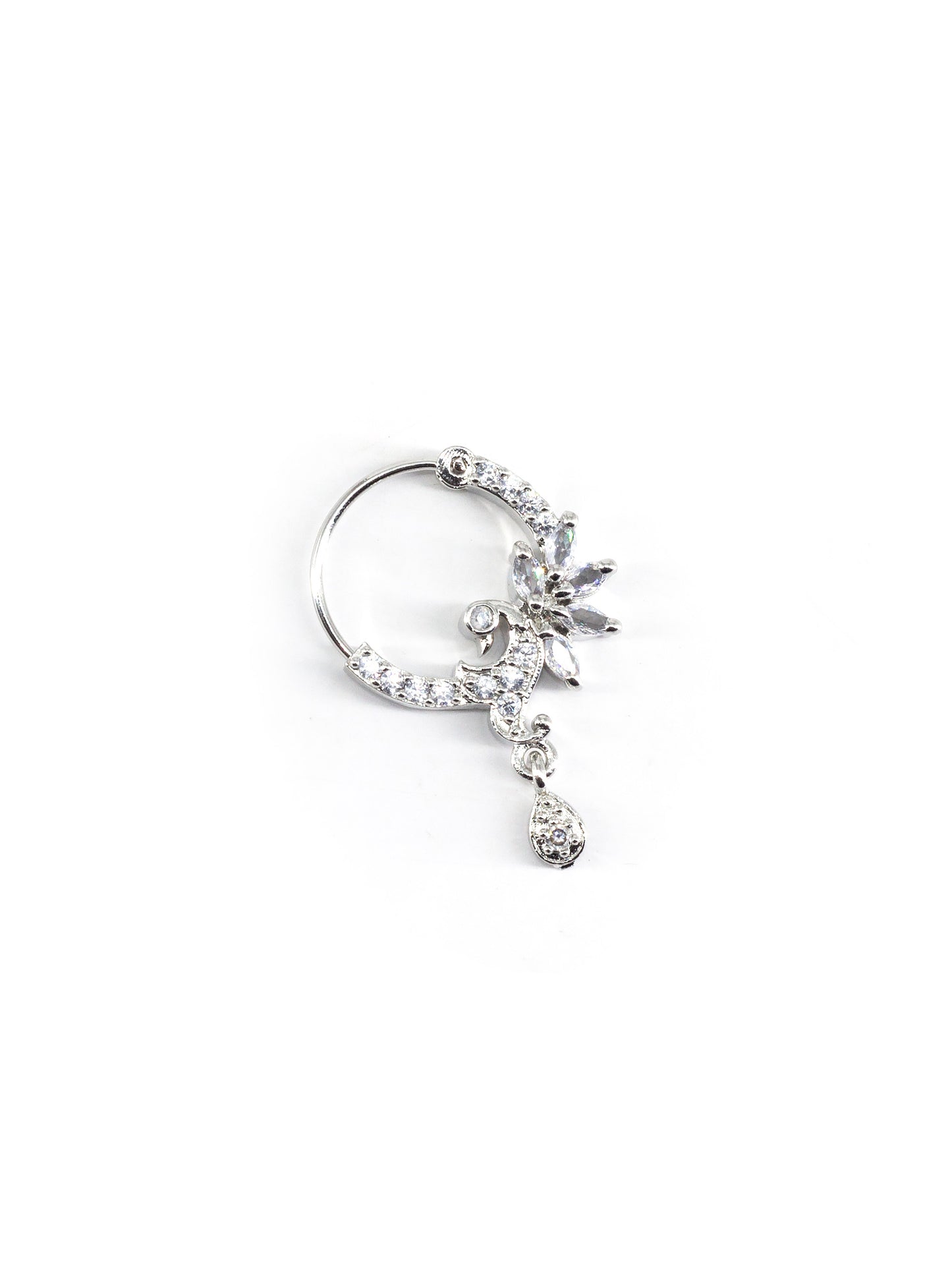 Silver Plated White AD Drop Nose Ring for Women