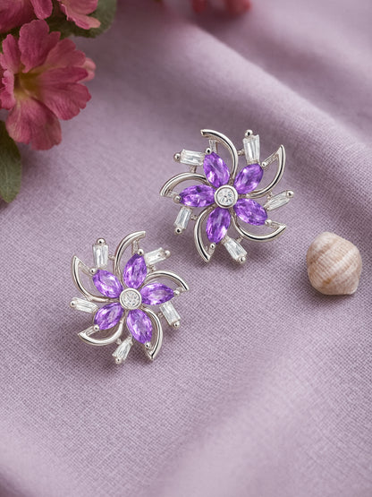 Silver Plated Mint Blue Floral AD Stud Earrings For Women