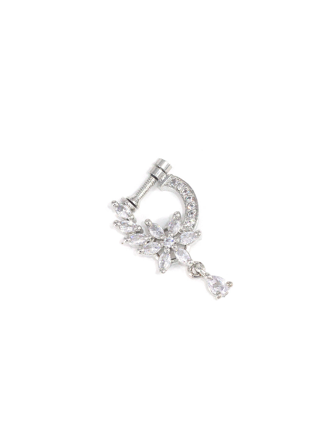 Rhodium Plated American Dimaond Floral Drop Nose Ring
