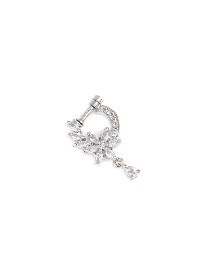 Rhodium Plated American Dimaond Floral Drop Nose Ring
